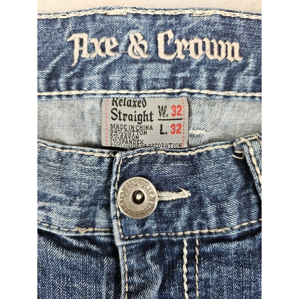 Axe & Crown Jeans Mens 33x30 Relaxed Straight Whiskered Embroidered Heavy Stitch - Picture 3 of 7